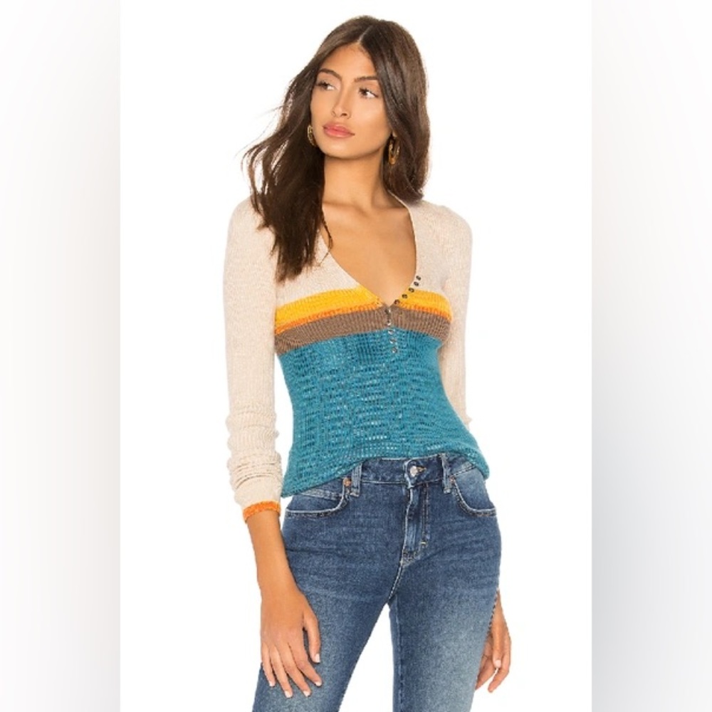 Free People Frequency V-Neck Henley Sweater in Teal